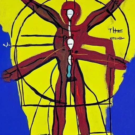 Image similar to painting of the vitruvian man by graham sutherland, basquiat, neo - expressionism, muted colors!