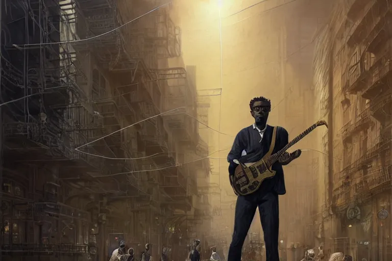 Prompt: A very highly detailed black man at 20s years old with long curly hair, no beard, wearing glasses, holding a silver electric guitar, with very highly detailed face on the street of a very highly detailed smooth solarpunk city digital concept art by Greg Rutkowski, neofuturistic highly detailed, digital concept art, Dimensional cyan gold natural light, sharp focus, Golden Ratio illustration, realistic concept art by Stephen Hickman and James Gurney and Hiromasa Ogura Ghost in the Shell rendered in Octane Render, From the distance