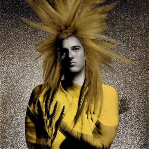 Image similar to a beautiful performance art of a self - portrait of the artist. he is shown with his head turned to the left, looking at the viewer. his hair is wild and his eyes are wide open. his right hand is raised, as if he is pointing at something. goldenrod by ingrid baars apocalyptic