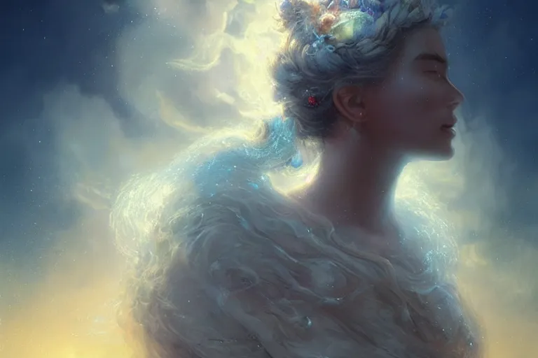 Image similar to a beautiful portrait of a cloud goddess with numerous tiny birds flying in the background and closed eyes, galaxy theme colors, galaxy theme colors, ultra realistic digital art by Greg Rutkowski and Raymond Swanland, Trending on Artstation, ultra realistic digital art, ultra realistic digital art