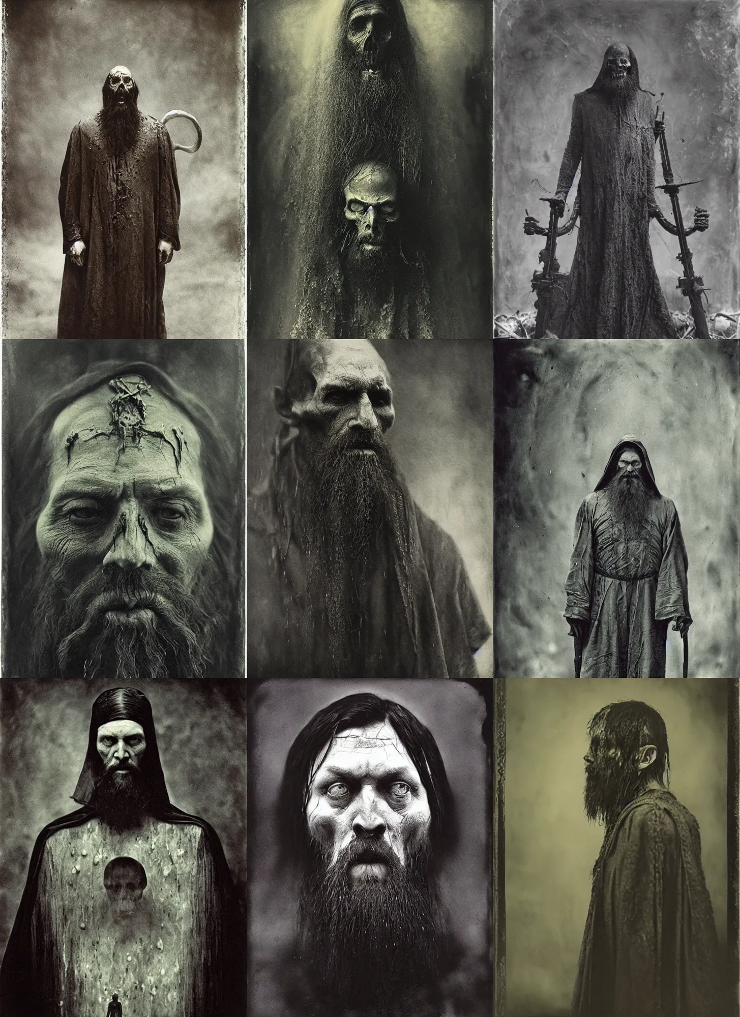 Prompt: wet plate photography, rasputin deatheater karl urban, beksinski