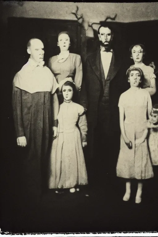 Image similar to an unsettling old family photograph, anxious people standing in a large haunted house, phantom ghosts in the background, cinematic, horror, photorealistic, vintage,