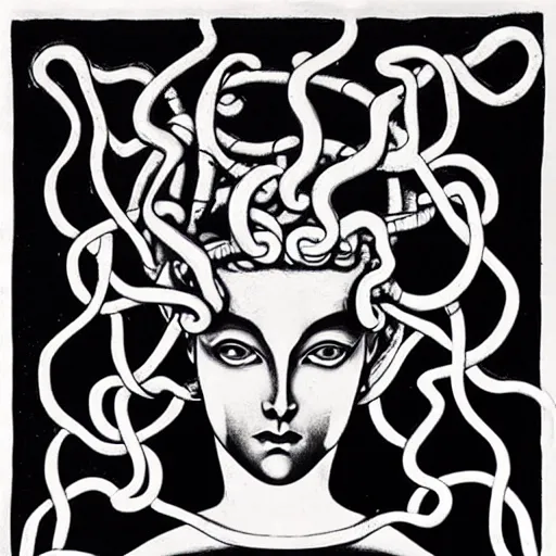 Image similar to Medusa by M.C. Escher, black and white stencil