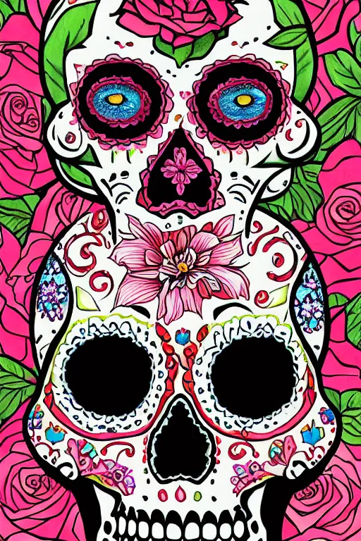 Prompt: illustration of a sugar skull day of the dead girl, art by naomi okubo