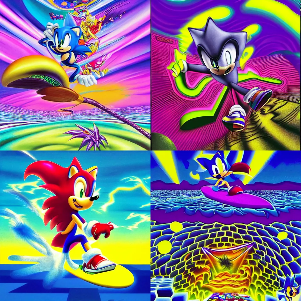 Image similar to surreal, sharp, detailed professional, high quality airbrush art MGMT album cover of a liquid dissolving LSD DMT sonic the hedgehog surfing through cyberspace, purple checkerboard background, 1990s 1992 Sega Genesis video game album cover