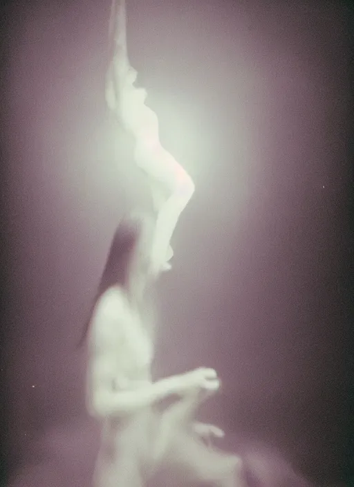 Prompt: symmetrical females ascending astral projection, heavy glowing aura, motion blur, long exposure, film grain, cinematic lighting, experimental film, shot on 1 6 mm