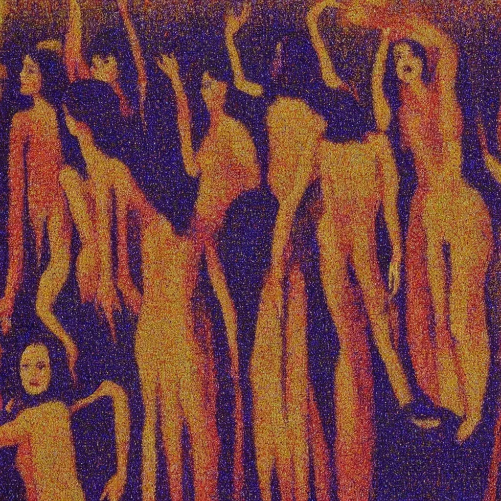 Image similar to a film still of suspiria by dario argento 1 9 7 7 movie, painted by georges seurat, impressionism, pointillism, high quality, detailed, print!