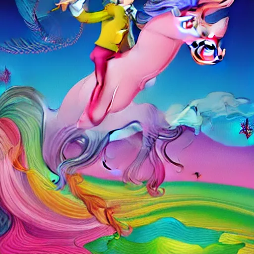 Image similar to a painting of a lawyer riding an unicorn, a storybook illustration by Lisa Frank, featured on behance, magical realism, irridescent, storybook