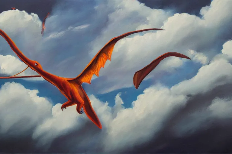 Image similar to oil painting of a giant pterodactyl flying through the clouds, multi chromatic, single area of attention, still life, soft outlines, elegant and refined painting, fully rendered light to shadow