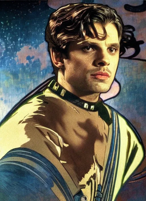 Image similar to sebastian stan as a star trek captain, a still from star trek painted by alphonse mucha. clear highly detailed face, beautiful sci fi art