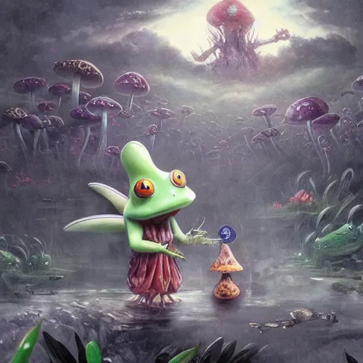 Image similar to A scary godlike fairy killing a frog. award winning. superb resolution. in the art style of junji Ito and greg rutkowski . Detailed Mushroom city in background. Hyper realistic anime. Perfect art. Dalle2