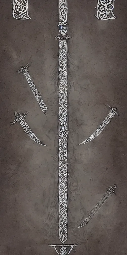 Prompt: a dao styled sword covered in runes and sigils signifying great power, concept art,