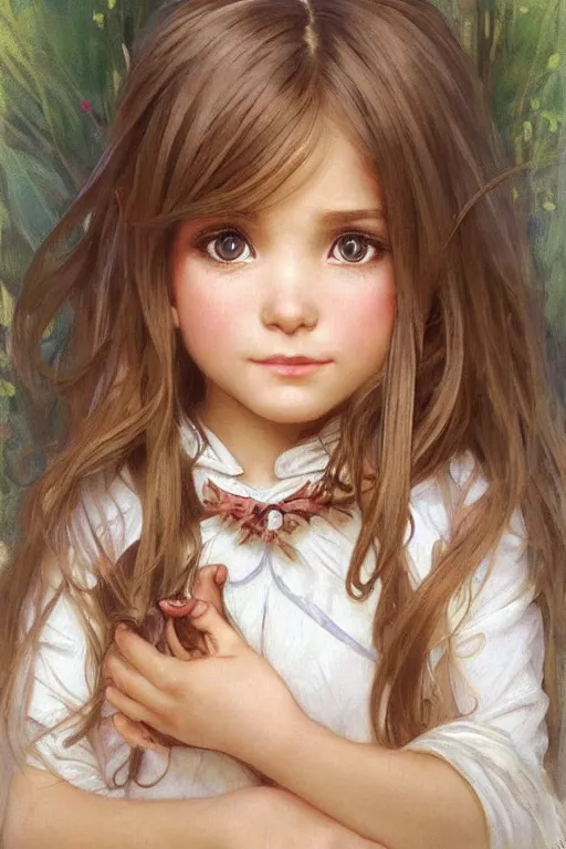 Image similar to a little girl with a mischievous face and short!! light brown straight hair. she is dressed as disney princess painting, beautiful detailed face. by artgerm and greg rutkowski and alphonse mucha