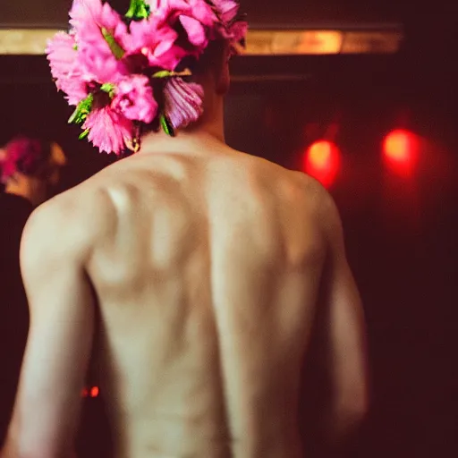 Prompt: close up kodak portra 4 0 0 photograph of a skinny guy standing in a vip club bathroom, back view, flower crown, moody lighting, telephoto, 9 0 s vibe, blurry background, vaporwave colors, faded!,