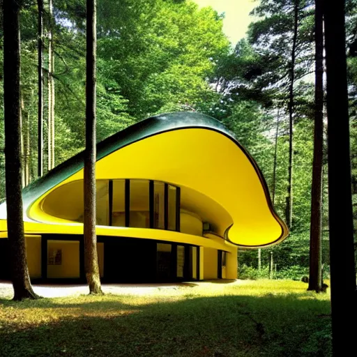 Image similar to architecture ad for a mid-century modern house in the middle of the forrest, designed by Zaha Hadid. Shell. Film grain, cinematic, yellow hue