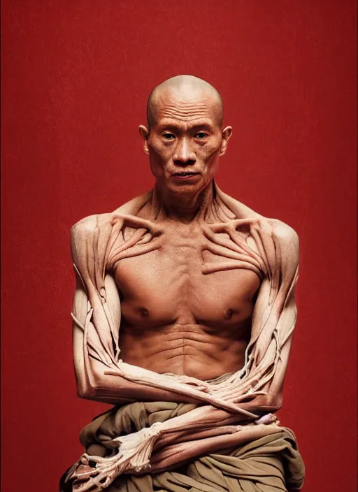 Prompt: portrait of a buddhist monk with translucent skin, visible muscles and veins and arteries and bones and spines and nerves, beautiful detailed intricate insanely detailed octane render, 8k artistic photography, photorealistic, chiaroscuro, by David Cronenberg, Raphael, Caravaggio