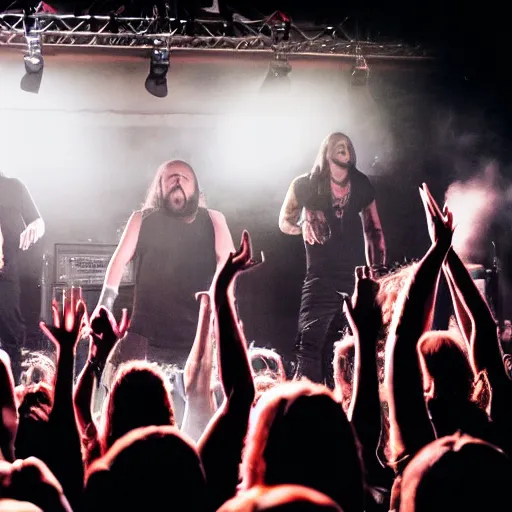 Prompt: a heavy metal band on stage at a concert, small venue, center angle