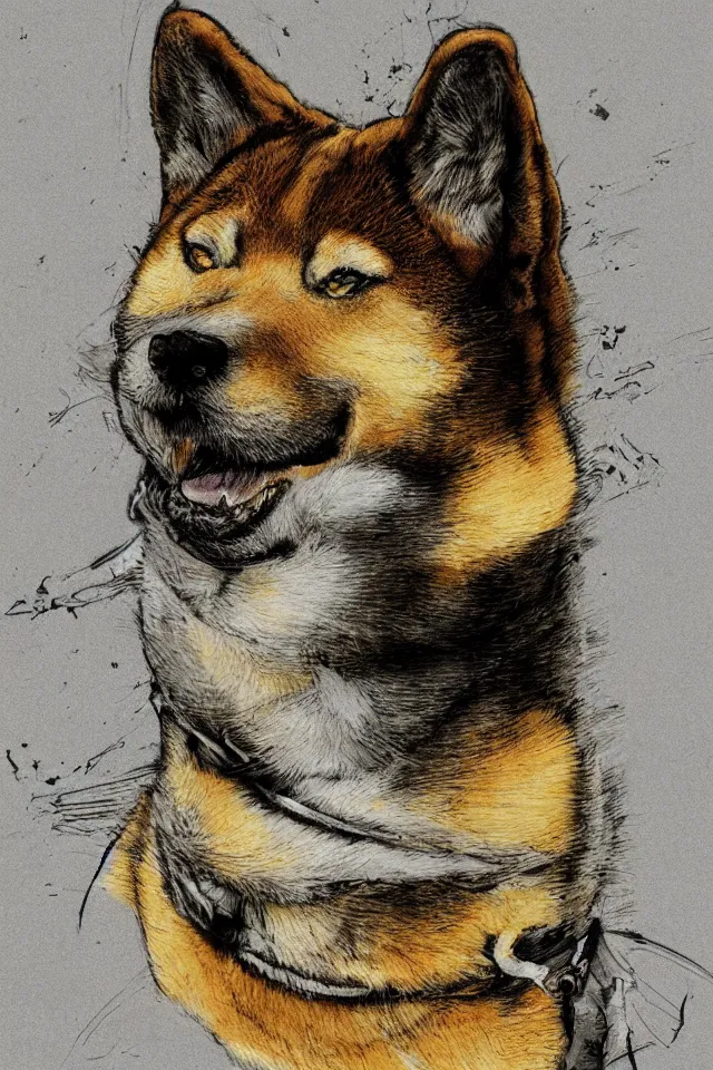 Image similar to a portrait of a shiba inu, in the style of yoji shinkawa artistic, highly detailed