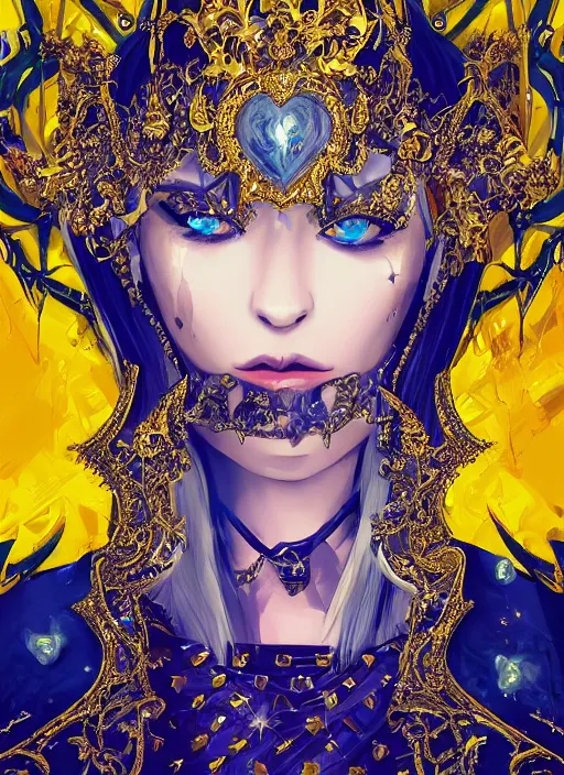 Image similar to baroque bedazzled gothic royalty frames surrounding a pixelsort rimuru tempest smiling, sky blue straight hair, bangs, with amber eyes, yellow golden eyes, wearing a black maximalist spiked jacket, high collar, ultra detailed, concept art, digital painting, pretty, cinematic, wlop artstationin wonderland, sharpened early computer graphics, remastered chromatic aberration