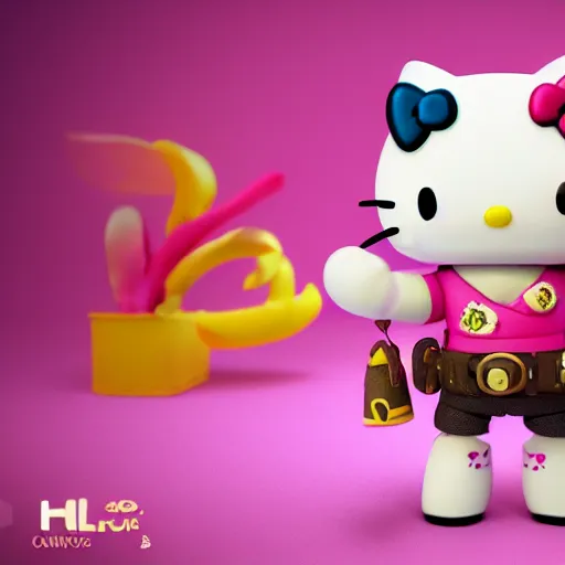 Image similar to Hello Kitty as cowboy, figurine, blender, octane render, 8K, studio lighting, detalied, CGSociety,