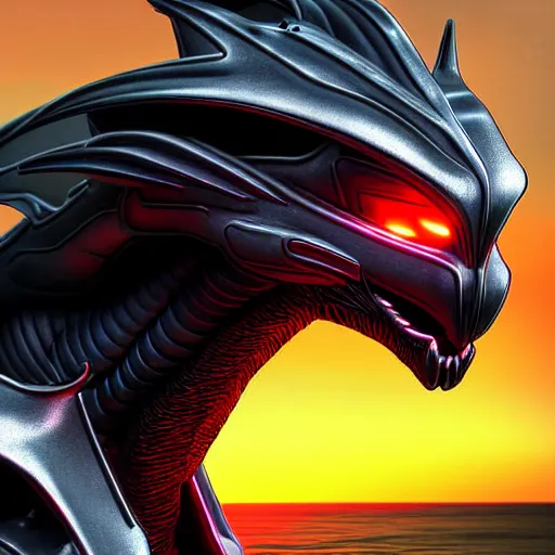 Prompt: close up bust of a cute stunning robot anthropomorphic female dragon, with sleek silver armor, a black OLED visor over the eyes, looking at the camera, her dragon maw open in front of the camera, camera looking down into the detailed living maw, about to consume you, on the beach at sunset, highly detailed digital art, furry art, anthro art, sci fi, warframe art, destiny art, high quality, 3D realistic, mawshot, dragon art, Furaffinity, Deviantart