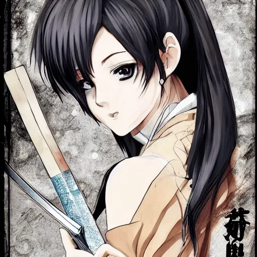 Image similar to portrait of a beautiful! alluring anime woman wearing a 2 0 3 0's stained dirty torn japanese school uniform, gorgeous face, leather bomber jacket, katana scabbard, realistic, hyper detailed, dynamic action poses, concept art, in style junji ito, manga, anime aesthetic