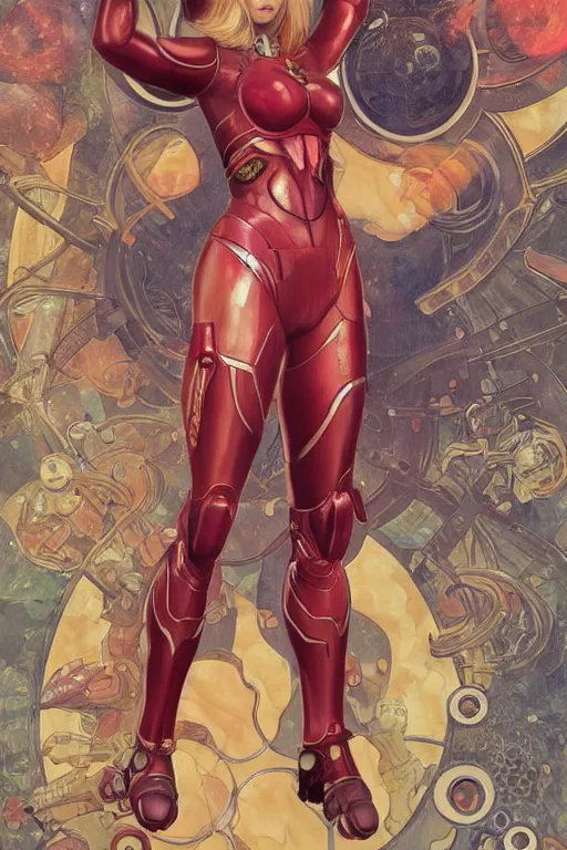 Image similar to samus aran metroid : : kate upton body : : christina hendricks : : portrait : : full body : : decadent highly - detailed digital artwork : : art by mucha and rutkowski, artstation, master prime lenses, cinematic