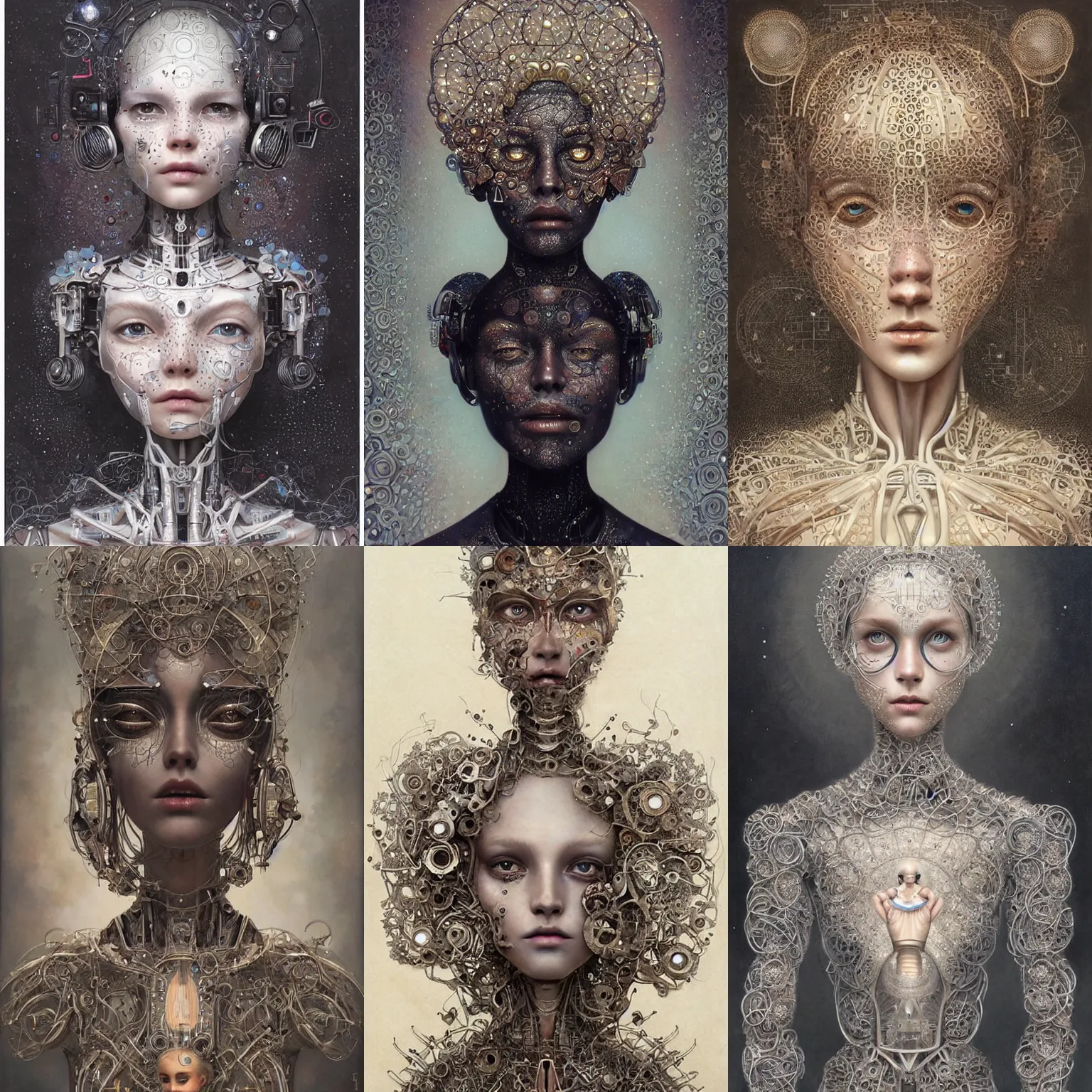 Prompt: beautiful humanoid robot, listening to godly music, crying eyes, happyness, highly detailed, perfect proportions, highly intricate, art by tom bagshaw and alex gray