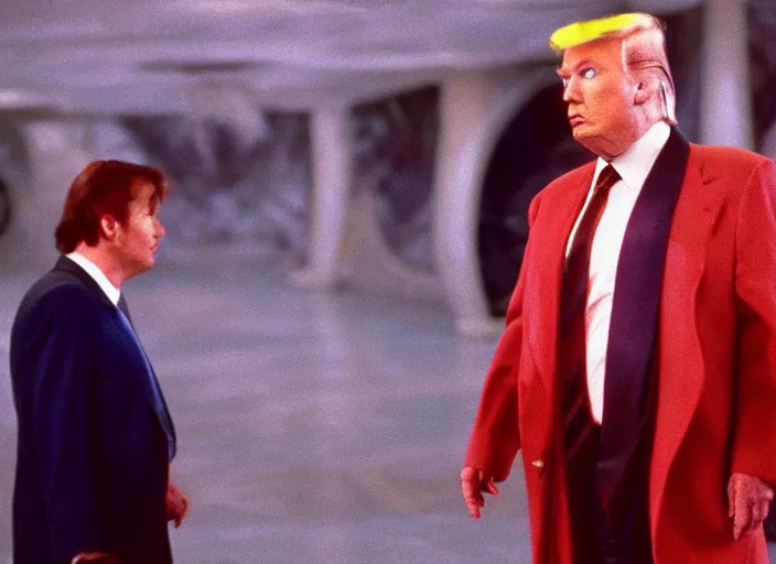 Image similar to screenshot from moody colorful scene of Donald Trump in a lair, scene from the film Batman and Robin 1997 film directed by Joel Schumacher, kodak film stock, anamorphic lens, 4K, crazy set design, wild lighting design, detail, stunning cinematography