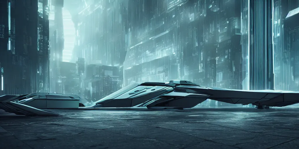 Prompt: Rectangular dark glass and plastic flying sci-fi vehicle in a futuristic city in the style of Bladerunner, designed by f-117, x-wing, octane render, product shot