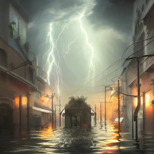 Prompt: a flooded city after a week of continuous rains, marco mazzoni, tranding on artstation, 4 k, beautiful lightning