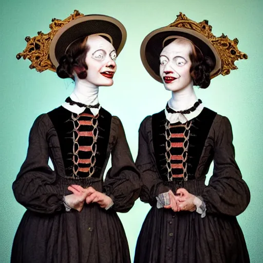 Image similar to creepy smiling twins in victorian clothes, black background, backlit:: by Martine Johanna and Simon Stålenhag and Chie Yoshii and Casey Weldon and Guillermo del toro :: ornate, dynamic, particulate, intricate, elegant, highly detailed, centered, artstation, smooth, sharp focus, octane render, 3d