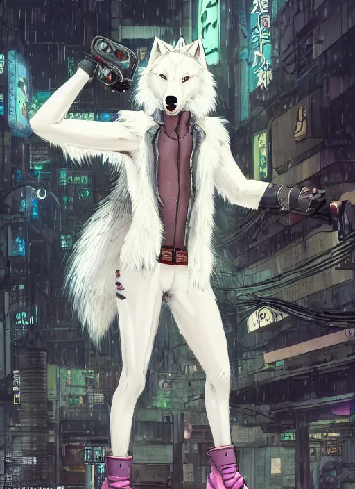 Prompt: character portrait of a male anthro albino wolf fursona with a tail and a cute beautiful attractive detailed furry face wearing stylish cyberpunk pants and boots, no shirt in a cyberpunk city at night while it rains. hidari, color page, tankoban, 4K, tone mapping, Akihiko Yoshida.