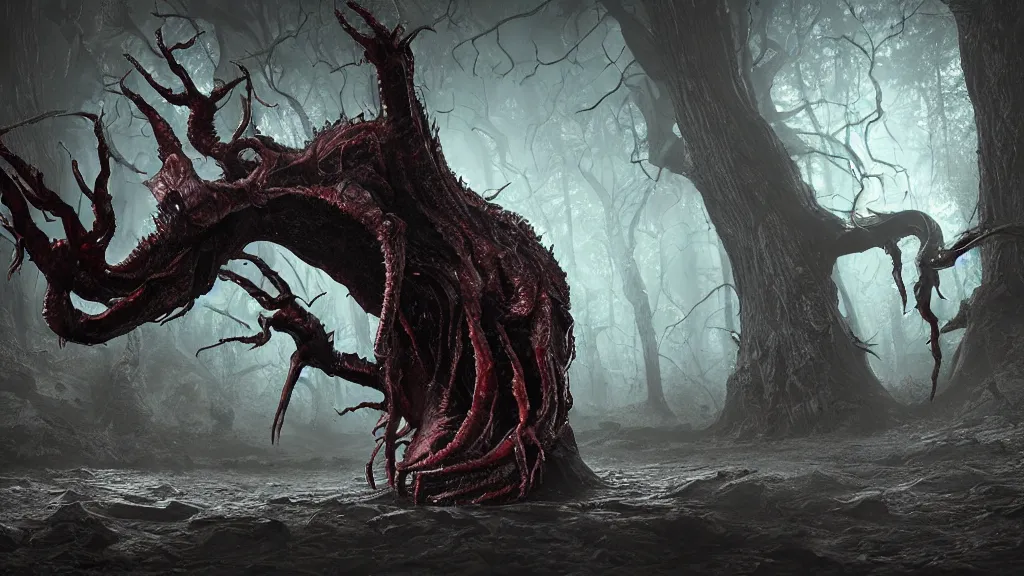 Image similar to eldritch 4D monster, full of veins and eyes, Hyper realistic, photorealistic, concept art, horror, eldritch, 8K, concept art, DSLR, filmic, HDR, hyperrealism, Unreal Engine, volumetric lighting, Darkart