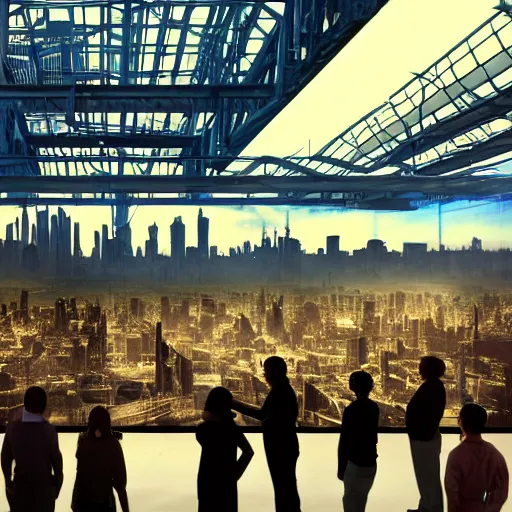 Prompt: large group people in a warehouse, looking at hologram of futuristic city on a table, cinematic concept art, godrays, golden hour, natural sunlight, 4 k, clear details, tabletop model buildings, tabletop model, hologram center, crane shot