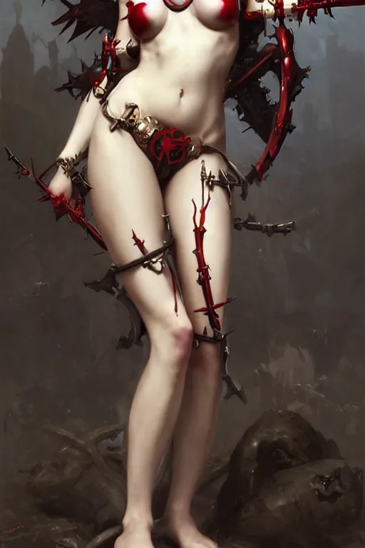 Image similar to Portrait of beautiful pale laughing cyborg succubus maiden in bikini armor with crown of thorns and glowing red eyes, steampunc, Warhammer 40000, digital art from artstation by Ruan Jia and Mandy Jurgens and Artgerm and william-adolphe bouguereau