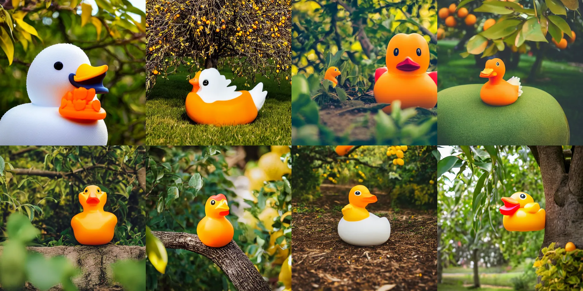 Prompt: a happy and cute rubber ducky under an orange tree, high quality DSLR photography, professional photo of a rubber ducky