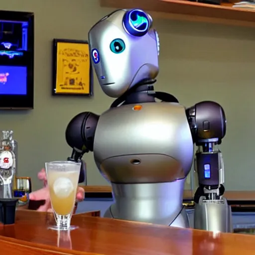 Prompt: a robot orders a drink from the TY puppy bartender.