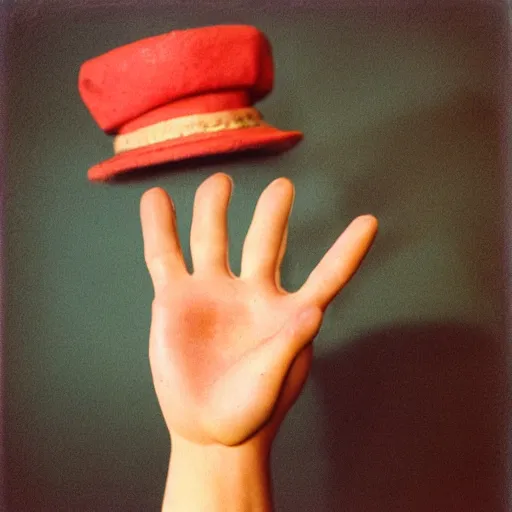 Image similar to a hand that is realistic but also has eyes and little feet at the fingertips, many fingers, it's wearing a cute little hat, old photo, expired color film, 1975