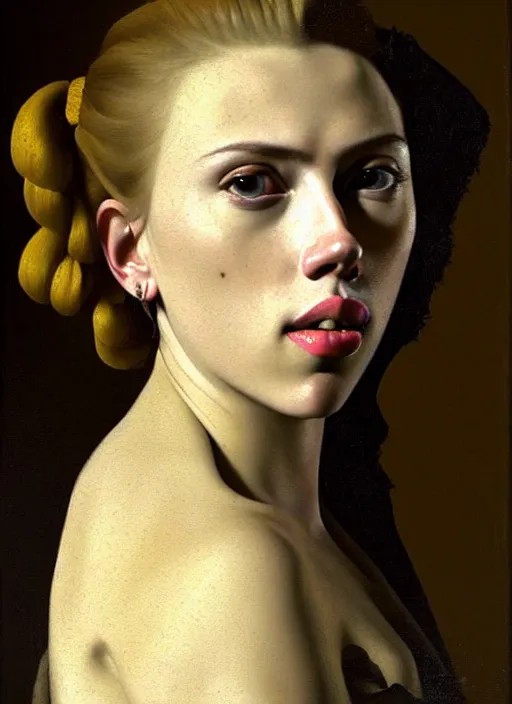 Image similar to portrait of scarlett johansson, oil painting by johannes vermeer, 1 7 th century, art, oil on canvas, wet - on - wet technique, realistic, expressive emotions, intricate textures, illusionistic detail