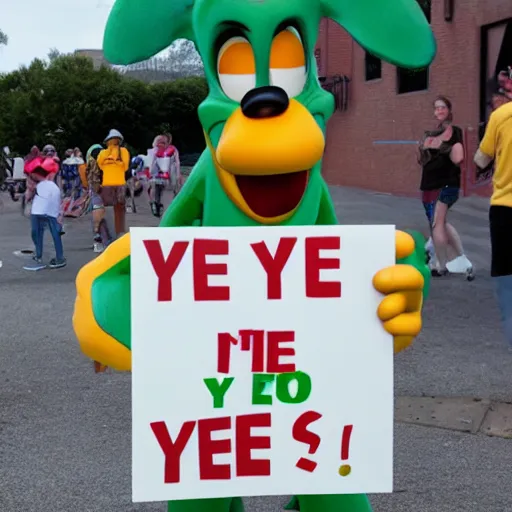 Prompt: goofy holding up a sign that says YES