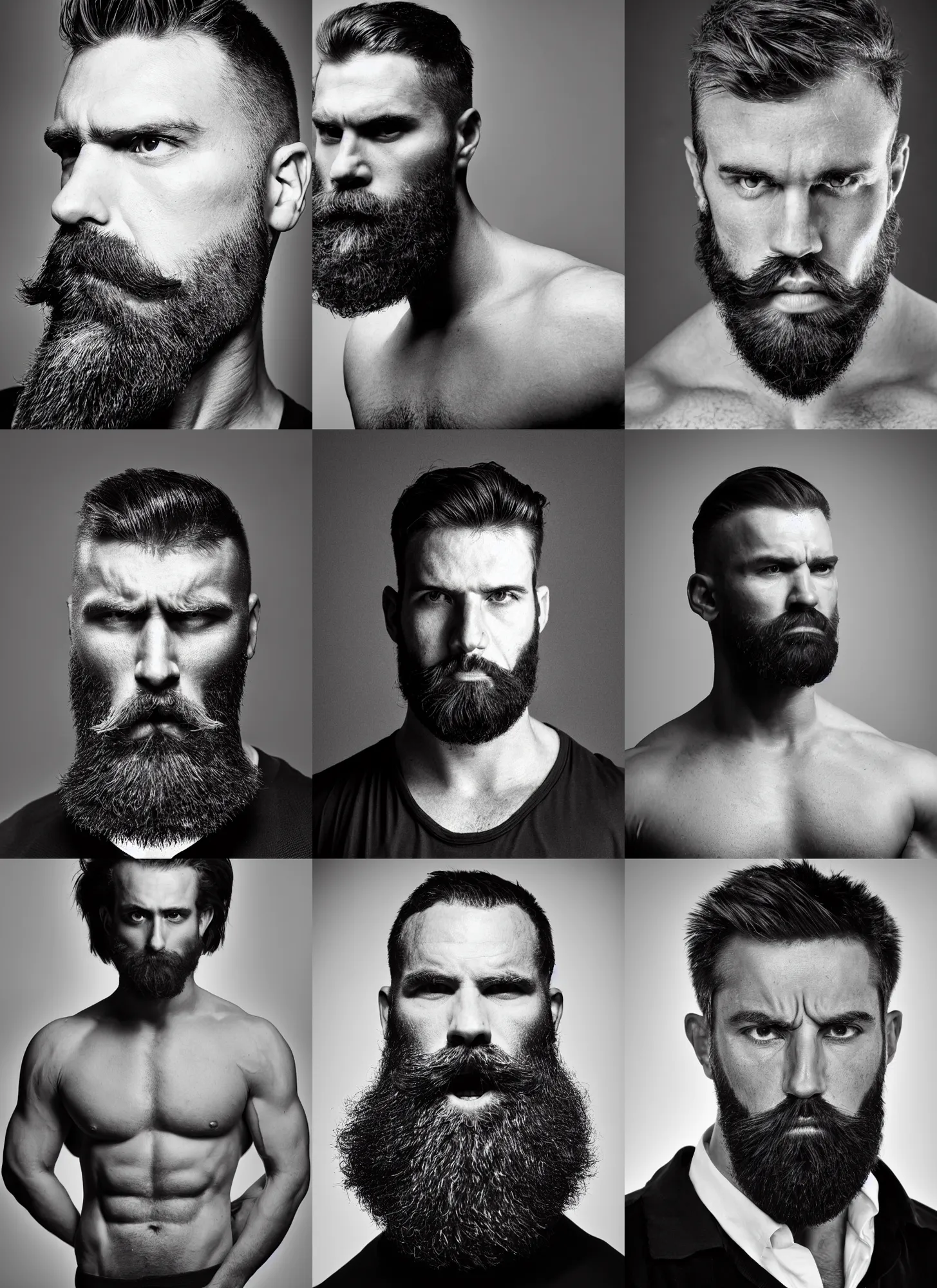 Prompt: black and white photograph of a masculine man with an extremely large and wide jaw and perfect short hair, muscular, low brow, neat beard, stern expression, intimidating, studio lighting, medium shot