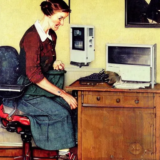 Prompt: A woman using a huge computer with cranks , art by Norman Rockwell