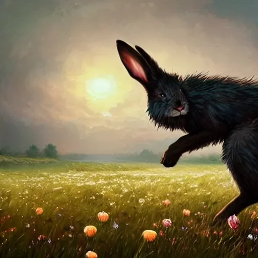 Image similar to A werewolf bunny transforming in a field of flowers. Academic painting by Greg Rutkowski, Mobile still frame. 4K UHD