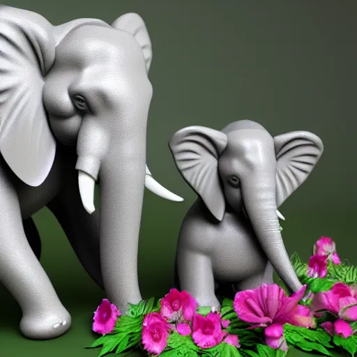 Image similar to ultra - realistic 3 d render of porcelain mother elephant and child elephants infected with flowers, beautiful, elegant