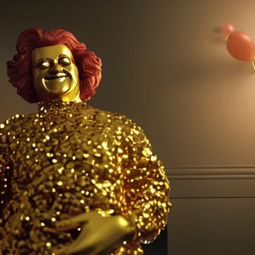 Image similar to A still of Ronald McDonald surrounded by gold and diamonds, Award-winning, photograph, 3d render, unreal engine, 4k detailed