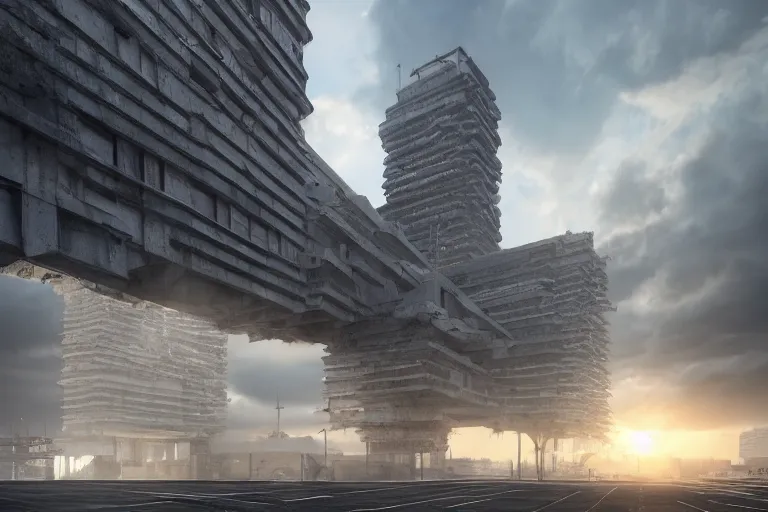 Image similar to streetscape, a towering cathedral of brutalist architecture, buildings covered with greebles, stunning volumetric light, sunset, metal, concrete and translucent material, stunning skies, majestic landscape, trending on Artstation, 8k, photorealistic, hyper detailed, unreal engine 5, IMAX quality, cinematic, epic lighting, in the style of Greg Rutkowski