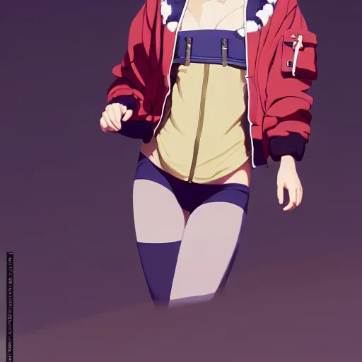 Image similar to a beautiful boyish natalie portman gravure model, wearing oversized mayan bomber jacket and leotard with overalls, bulky poofy bomber jacket with mesoamerican patterns, mesoamerican street fashion, gapmoe yandere grimdark, trending on pixiv fanbox, painted by greg rutkowski makoto shinkai takashi takeuchi studio ghibli, akihiko yoshida