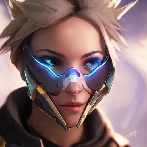 Image similar to mercy overwatch wearing cyberkinetic mask, 8 k resolution, highly detailed, intricate, very beautiful face, very detailed eyes, by greg rutkowski, wlop