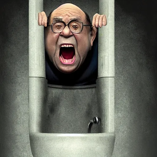 Image similar to hyperrealistic mixed media high resolution image of Danny DeVito angrily screaming into a urinal, stunning 3d render inspired art by István Sándorfi and Greg Rutkowski and Unreal Engine, perfect symmetry, dim volumetric lighting, 8k octane beautifully detailed render, post-processing, extremely hyper-detailed, intricate, epic composition, highly detailed attributes, highly detailed atmosphere, full body shot, cinematic lighting, masterpiece, trending on artstation, very very detailed, masterpiece, stunning, flawless structure, lifelike texture, perfection,